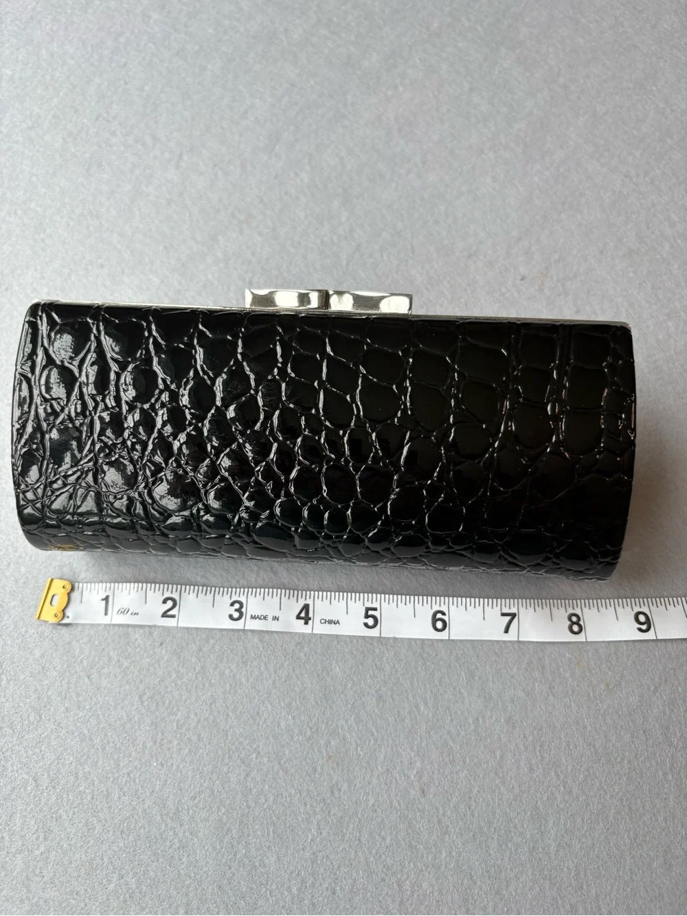 La Regale Black Patent Croc-Embossed Chain Optional Strap Clutch Evening Bag